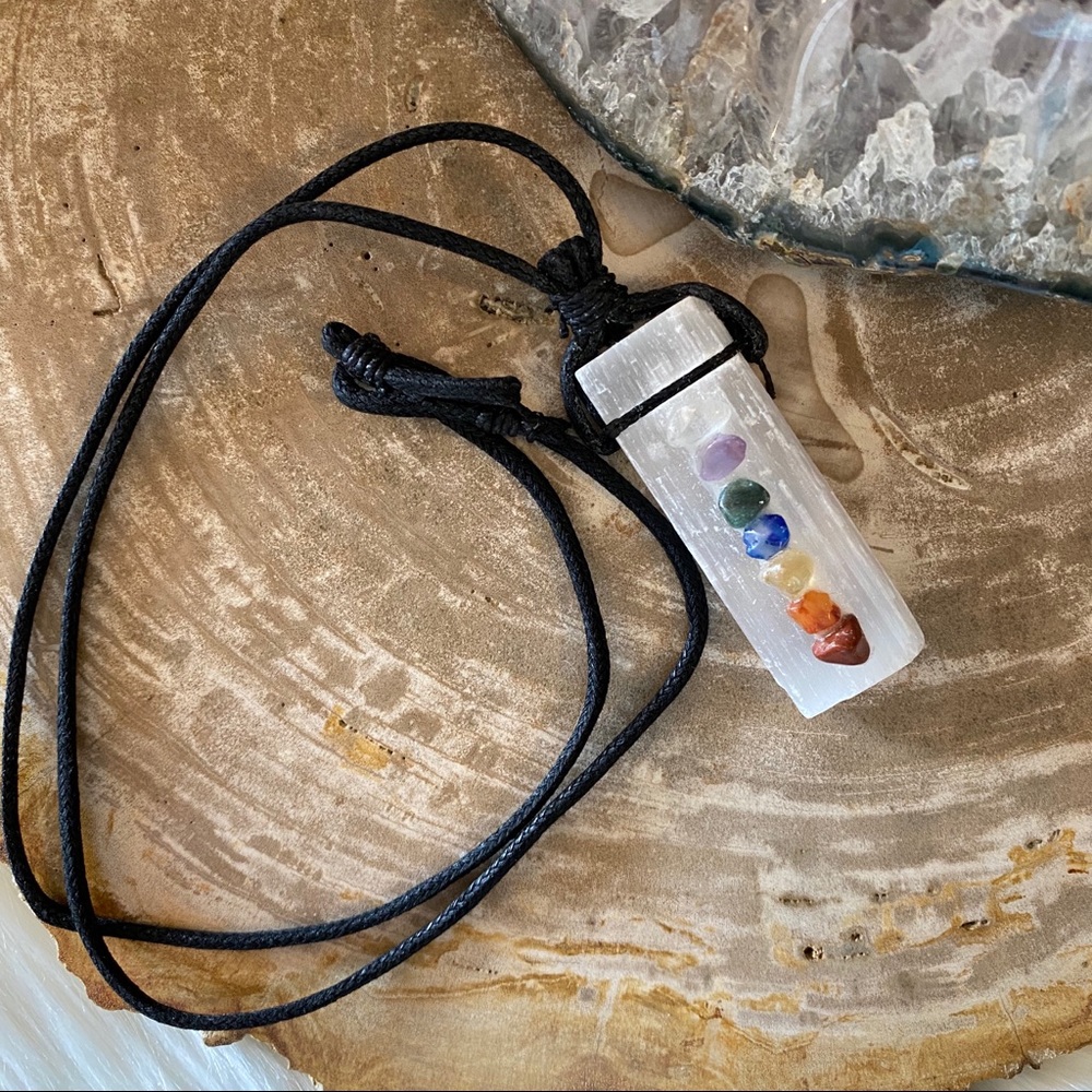 Selenite Necklace with Chakra Stones on Black Cord